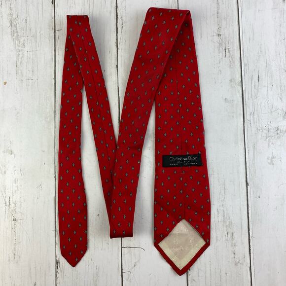 VTG Christian Dior Paris New York Red Silk Diamond Pattern Neck Tie Business - Picture 8 of 10